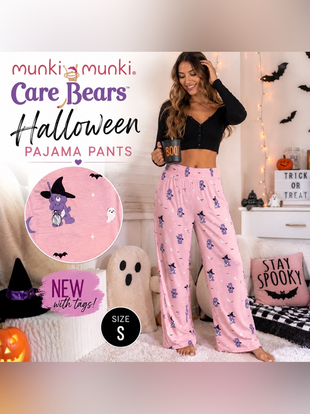 Munki Munki Care Bears Halloween Pajama Pants Pink Witch Ghosts NWT Small